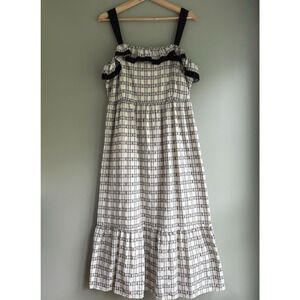 LOFT Plaid Ruffle Square Neck Midi Cotton Dress Lined Cottagecore Prairie 10